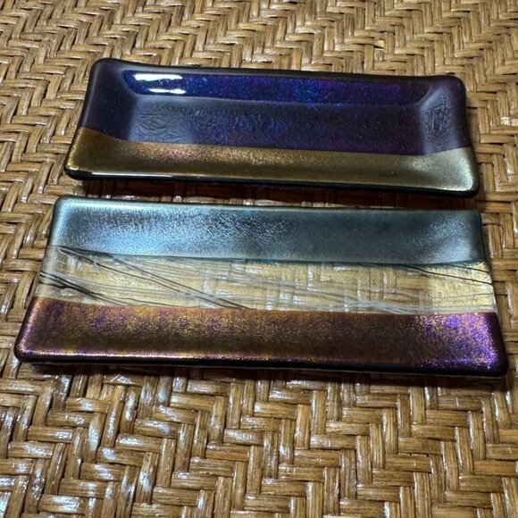 Handcrafted Iridescent Glass Trivet Platters Elegant & Unique Rectangular - Picture 1 of 8